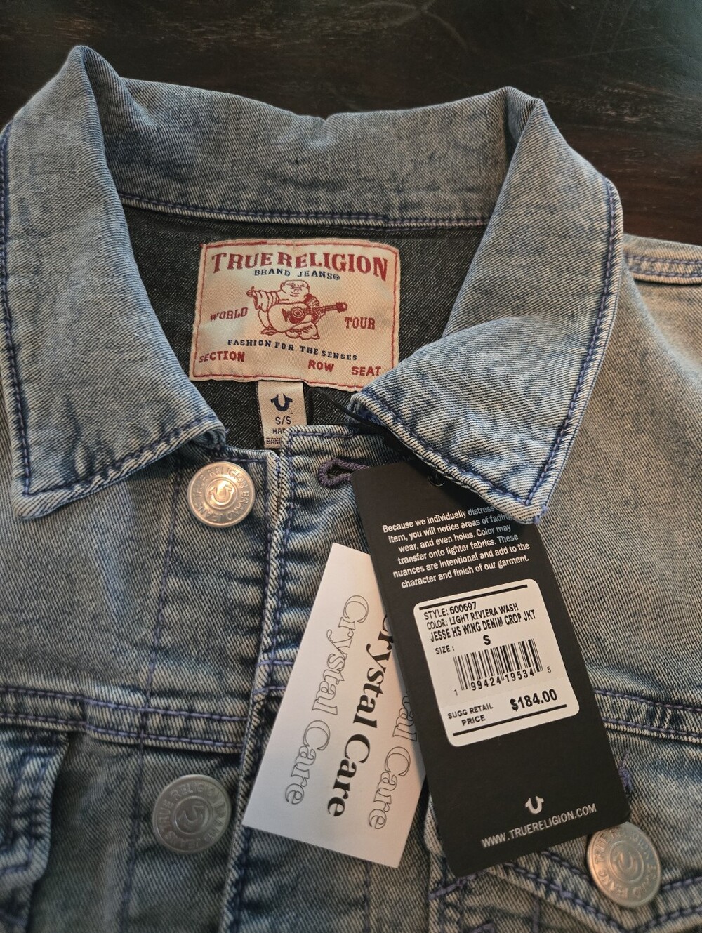 True Religion Light Blue Denim Jacket with Pink Wing Graphic - Picture 3 of 4